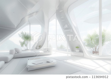 Living room is a modern futuristic white design with large windows minimalist classic furniture. AI Generative 113694912