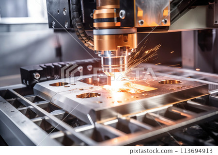 In metal machine tools industry, CNC milling cutters serve as flying sparks for metalworking operations AI Generative 113694913