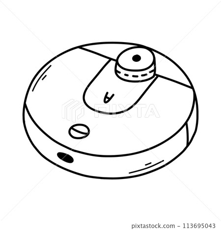 Vector illustration of a robot vacuum cleaner isolated on a white background. Robot vacuum cleaner in doodle style. Vector illustration of a robot vacuum cleaner isolated on a white background. Robot vacuum cleaner in doodle style. 113695043