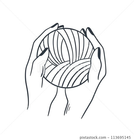 Female hands holding a ball of thread for knitting doodle sketch style isolated illustration 113695145