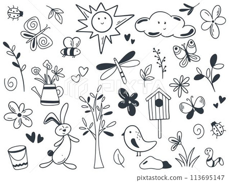 Spring set of elements doodle sketch style Spring set of elements doodle sketch style 113695147