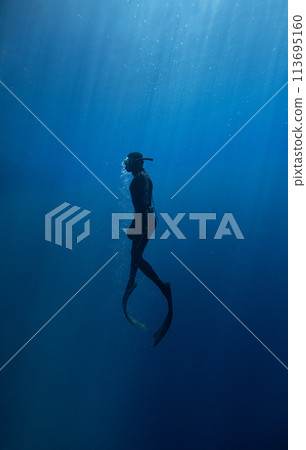 Freediver Swimming in Deep Sea With Sunrays. Young Man Diver Eploring Sea Life. 113695160