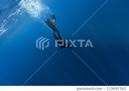 Freediver Swimming in Deep Sea With Sunrays. Young Man Diver Eploring Sea Life. Freediver Swimming in Deep Sea With Sunrays. Young Man Diver Eploring Sea Life. 113695163