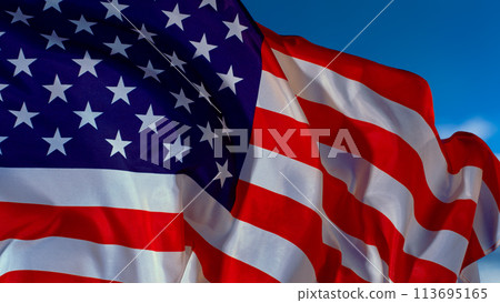 Closeup of American flag on black background, freeze motion 113695165