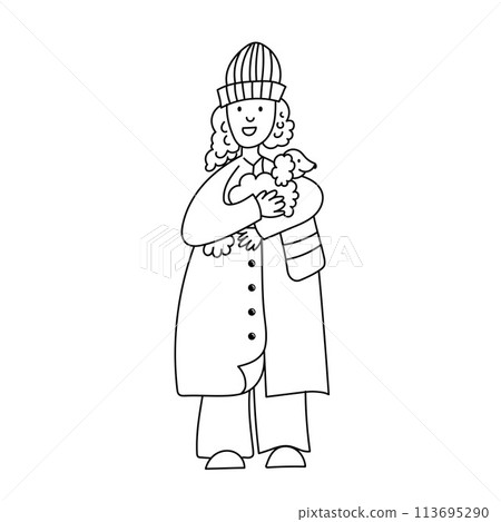Young woman holding in hands poodle dog. Line drawing. Vector illustration in line art style. Young woman holding in hands poodle dog. Line drawing. Vector illustration in line art style. 113695290