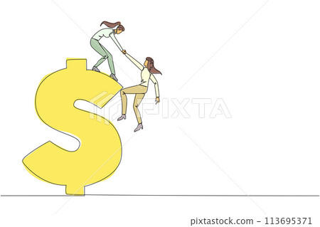 Single one line drawing businesswoman helps colleague climb the big dollar symbol. Desire to develop business together. Super great teamwork. Cohesiveness. Continuous line design graphic illustration Single one line drawing businesswoman helps colleague climb the big dollar symbol. Desire to develop business together. Super great teamwork. Cohesiveness. Continuous line design graphic illustration 113695371
