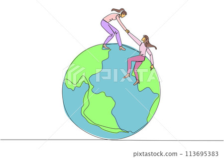Single continuous line drawing businesswoman helps colleague climb the big globe. The metaphor of reaching top of the world through increasing business. Teamwork. One line design vector illustration 113695383