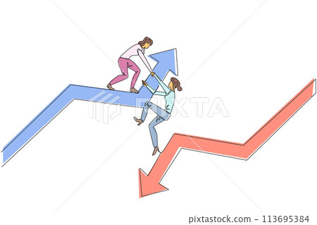 Single continuous line drawing businesswoman helps colleague climb arrow symbol. Teamwork to raise better level together. Best partner ever. Maintain cohesiveness. One line design vector illustration Single continuous line drawing businesswoman helps colleague climb arrow symbol. Teamwork to raise better level together. Best partner ever. Maintain cohesiveness. One line design vector illustration 113695384