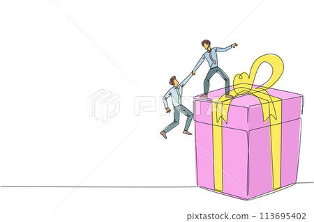 Continuous one line drawing businessman helps colleague climb big gift box. Integrated teamwork to reach the highest level for rewards. Helping each other. Single line draw design vector illustration 113695402
