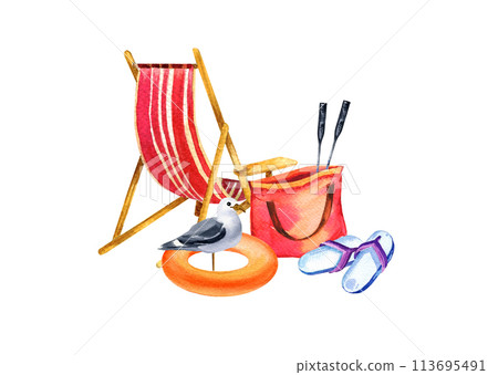 Watercolor set of summer theme, striped beach chair, red beach bag, inflatable circle, seabird, holiday and vacation concept, travel illustration white background, for tourism blogs, store, card 113695491