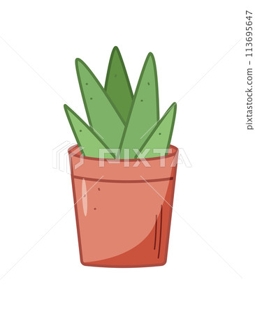 Green flower in a pot, vector illustration of the contour of a doodle plant, landscaping of the room Green flower in a pot, vector illustration of the contour of a doodle plant, landscaping of the room 113695647