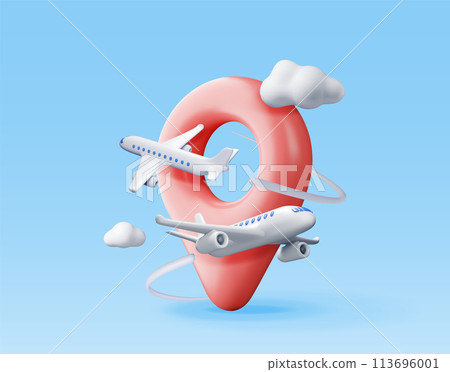 3D airplane in clouds and location pin 3D airplane in clouds and location pin 113696001