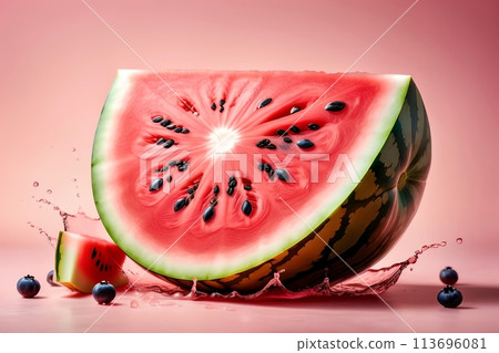 juicy ripe watermelon, splash of juice, isolated on pink background juicy ripe watermelon, splash of juice, isolated on pink background 113696081