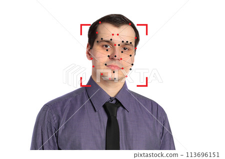 Privacy, Verification and Facial Recognition concept. Man and technology biometric security system. Privacy, Verification and Facial Recognition concept. Man and technology biometric security system. 113696151
