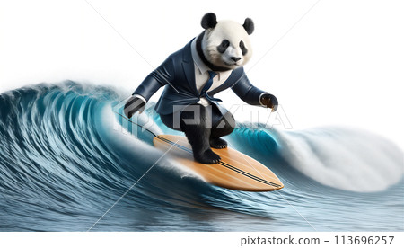 Panda in a suit riding the waves in the summer sea 113696257