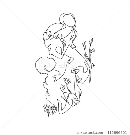 Continuous Line Art of Motherhood, Baby flowers, Happy Mother day card, one line drawing, parent and child silhouette hand drawn. Vector illustration 113696301