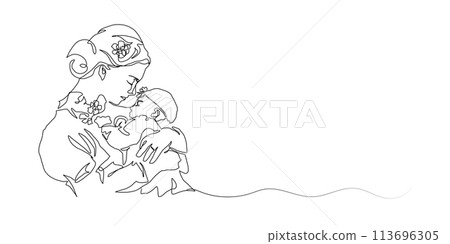 Continuous Line Art of Motherhood, Baby flowers, Happy Mother day card, one line drawing, parent and child silhouette hand drawn. Vector illustration 113696305