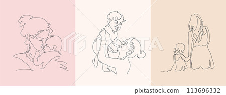 Set of Continuous Line Art of Motherhood, Happy Mother day, one line drawing, parent and child silhouette hand drawn. Vector illustration 113696332