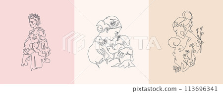 Set of Continuous Line Art of Motherhood, Happy Mother day, one line drawing, parent and child silhouette hand drawn. Vector illustration Set of Continuous Line Art of Motherhood, Happy Mother day, one line drawing, parent and child silhouette hand drawn. Vector illustration 113696341