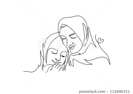 Continuous Line Art of Motherhood, Happy Mother day card, one line drawing, parent and child silhouette hand drawn. Vector illustration Continuous Line Art of Motherhood, Happy Mother day card, one line drawing, parent and child silhouette hand drawn. Vector illustration 113696351