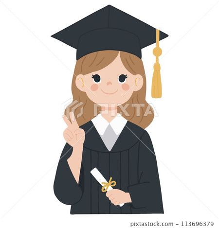 A joyful graduate in cap and gown, clutching a diploma. Bright, celebratory illustration. A joyful graduate in cap and gown, clutching a diploma. Bright, celebratory illustration. 113696379