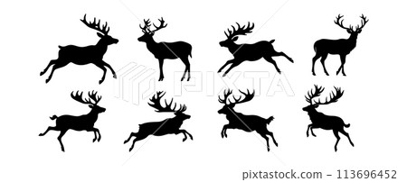 Set of Reindeer silhouette isolated on white background. Christmas deer wildlife animal vector illustration Set of Reindeer silhouette isolated on white background. Christmas deer wildlife animal vector illustration 113696452
