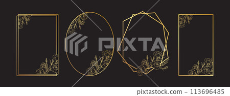 Luxury floral geometric frames, golden botanical border design, elegant line art design of flowers and leaves frames for invitation. Vector illustration 113696485