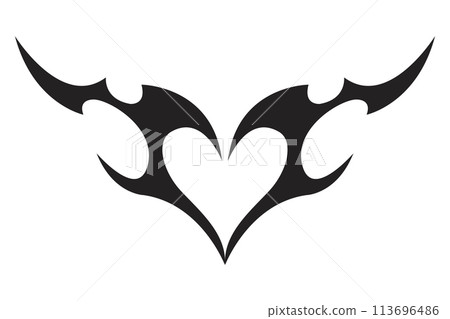 Neo tribal heart y2k aesthetic tattoo gothic cover, fire or wings abstract silhouette isolated on background. Divider, border, cyber body ornament, neotribal web goth decoration 113696486