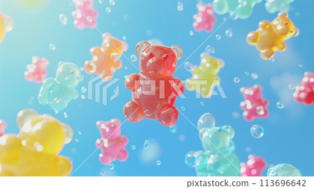 Floating Gummy Bears in a Whimsical Candy Dream 113696642