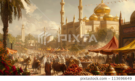 Bustling Eastern Marketplace with Majestic Mosque Bustling Eastern Marketplace with Majestic Mosque 113696649