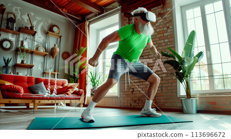 Senior Man Exercising with VR Headset at Home Senior Man Exercising with VR Headset at Home 113696672