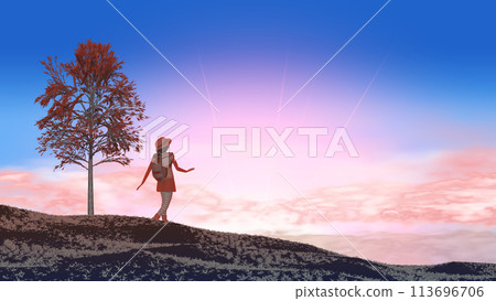 Mountain girl hiking with the setting sun in the background. Background material for adding text. Mountain girl hiking with the setting sun in the background. Background material for adding text. 113696706