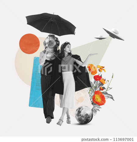 Cosmic journey. Surreal art collage with woman walking hand in hand with man wearing astronaut mask under umbrella. Dreamy fantastic atmosphere Cosmic journey. Surreal art collage with woman walking hand in hand with man wearing astronaut mask under umbrella. Dreamy fantastic atmosphere 113697001