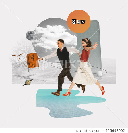 Young couple, man and woman jumping over stream, planet and monochrome sky on background. Romantic travel together. Contemporary art collage. 113697002