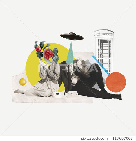 Mystery of communication, Two male and female figures with flower and UFO head talkin on retro phone. Contemporary art collage. 113697005