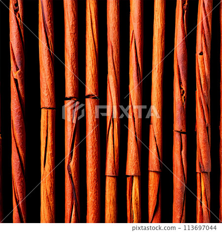 Cinnamon sticks arranged in a criss cross pattern warm lighting top view food and culinary 113697044