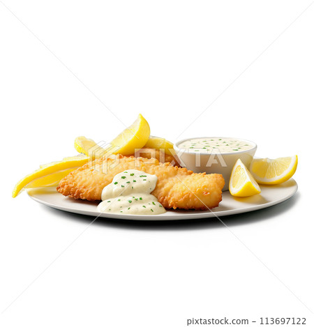 Cod fillet beer battered and deep fried to a crisp golden brown served with tartar 113697122