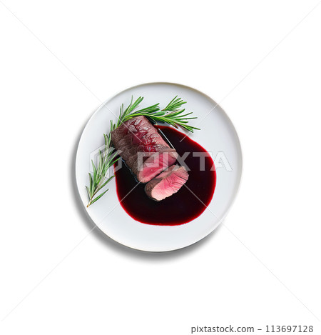 A delectable roasted venison loin, served with a red wine and cherry sauce, 113697128