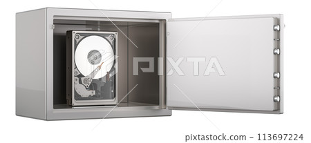 Hard Disk Drive HDD inside safe with combination lock, 3D rendering 113697224