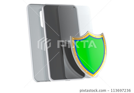 Smartphone with silicone transparent plastic case, glass screen protector and shield. 3D rendering 113697236