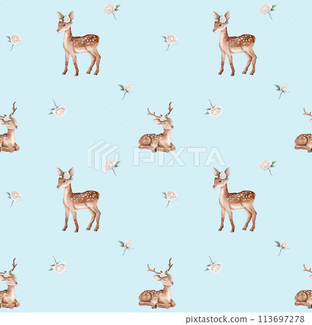 Seamless pattern watercolor deer and white roses. Spotted deer isolated on white background. Hand painted wild animal and flowers, leaves. template for fabric. Realistic animal for design and print 113697278