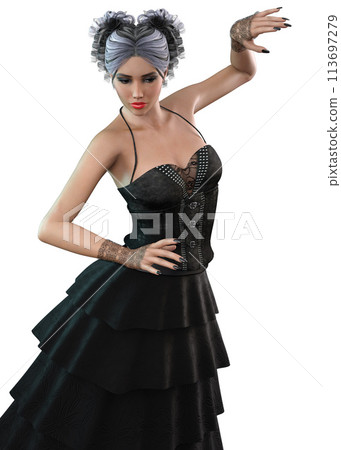 3D Gothic girl in black ruffle dress 113697279