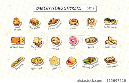 Bakery, customizable hand drawn sticker set Bakery, customizable hand drawn sticker set 113697326