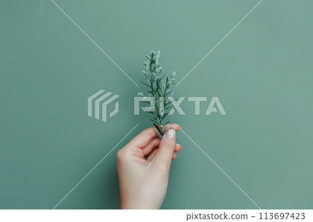 A delicate hand holding a sprig of greenery against a soothing teal background 113697423