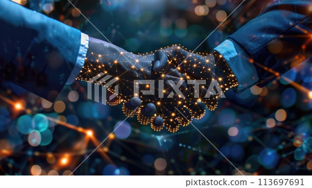 Digital handshake between human and AI, symbolizing the intersection of technology and human collaboration 113697691