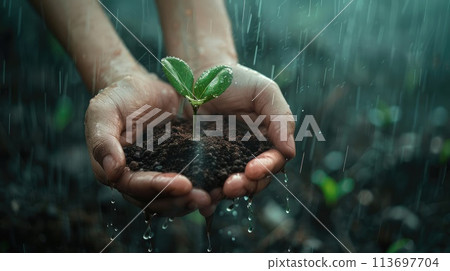 A hand cradles a sprouting plant in fertile soil against a bokeh background, illuminated by warm sunlight 113697704