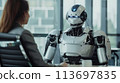 Robot in a meeting with a businesman in an office room 113697835
