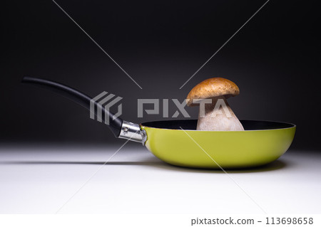 Thick mushroom - cep (porcini, penny bun, Boletus edulis) inside the pan (skillet) whole. Side view. Studio gradient background from white to black. 113698658