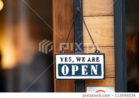 yes we're open sign , vintage restaurant sign , Open sign in street cafe yes we're open sign , vintage restaurant sign , Open sign in street cafe 113698856