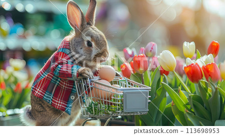 Easter bunny pushing cart with tulips and Easter eggs in the shopping center 113698953